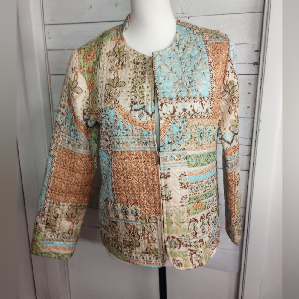 Quilted Patchwork Jacket - Blue/Beige/Tan